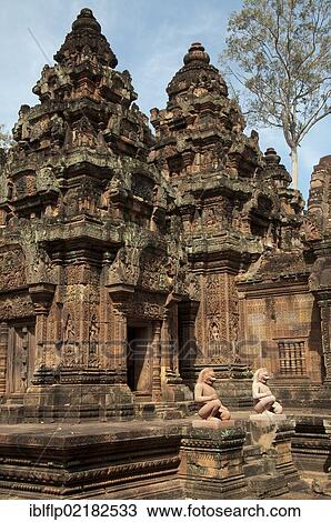 Stock Image - "Deity guardian sculptures in Khmer Hindu temple, Banteay Srei, Angkor, Siem Reap, Cambodia, Southeast Asia, Asia". Fotosearch