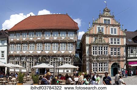 Stock Image - "Dempterhaus or Leisthaus and Stiftsherrenhaus buildings, Weser Renaissance style, museum, Hameln, Lower Saxony, Germany, Europe". Fotosearch