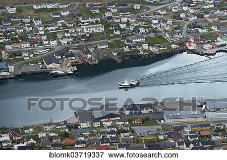 Stock Photo - "Departing ferry, port and houses, Klaksvik, Borooy, Norooyar, Faroe Islands, Denmark, Europe". Fotosearch
