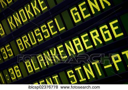 Stock Photo - "Destination information in a Belgian train station, Belgium, Europe". Fotosearch