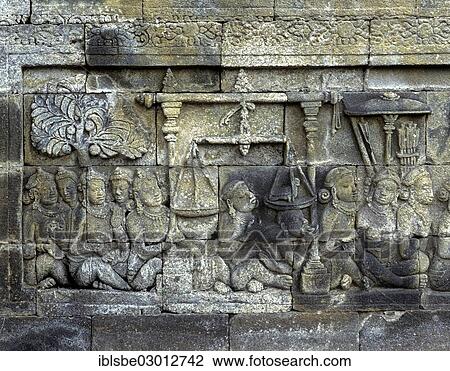 Stock Image - "Detail of a wall relief of the temple complex of Borobudur, UNESCO World Cultural Heritage Site, Borobudur, Yogyakarta, Java, Indonesia, Asia". Fotosearch