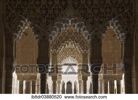 Stock Image - "Detail of the Court of the Lions, Patio de los Leones, Alhambra palace, Granada, Granada province, Andalusia, Spain, Europe". Fotosearch