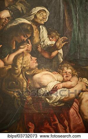 Stock Image - "Detail of the painting The Raising of the Cross by Peter Paul Rubens inside the Cathedral of Our Lady, Antwerpen, Flemish Region, Belgium, Europe". Fotosearch