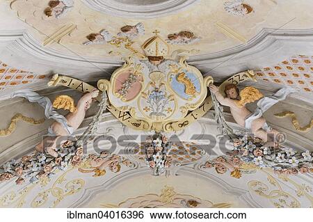 Stock Photograph - "Detail on the ceiling, Parish Church of St. Catherine, Pfaffing, Wasserburger Land, Upper Bavaria, Bavaria, Germany, Europe". Fotosearch
