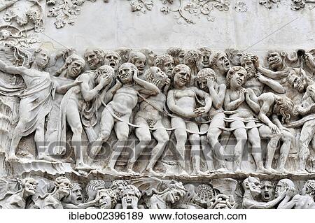 Stock Photo - "Detail view of a bas-relief at the top of the fourth pillar, depicting judgment day, showing the selected few, """"Gli Eletti"""", facade of the Duomo, Orvieto Cathedral, Orvieto, Province of Terni, Umbria, Italy, Europe". Fotosearch