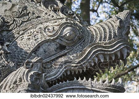 Stock Image - "Detail view of the seven headed naga at the bottom of the stairs leading to Wat Phrathat Doi Suthep temple, Chiang Mai, Thailand, Asia". Fotosearch
