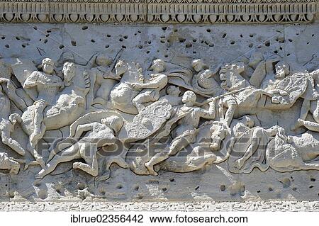 Stock Image - "Detailed view of the Roman Triumphal Arch, Orange, France, Europe". Fotosearch