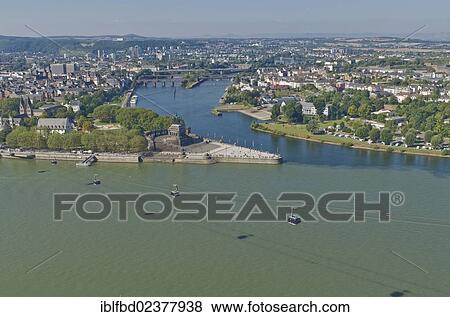 "Deutsches Eck headland, at the confluence of the rivers Moselle and Rhine, as seen from Ehrenbreitstein Fortress, Koblenz, Rhineland-Palatinate, Germany, Europe" View Large Photo Image Stock Photo - "Deutsches Eck headland, at the confluence of the rivers Moselle and Rhine, as seen from Ehrenbreitstein Fortress, Koblenz, Rhineland-Palatinate, Germany, Europe". Fotosearch