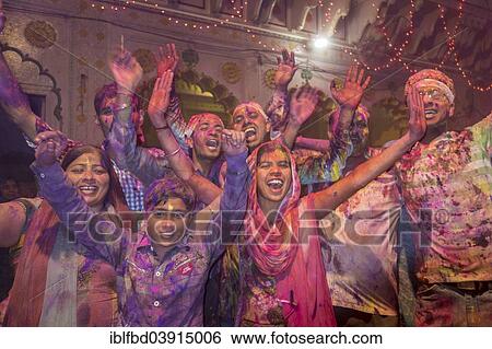 "Devotees covered in coloured powder celebrating, Holi festival, Banke Bihari Temple, Vrindavan, Uttar Pradesh, India, Asia" View Large Photo Image Stock Photograph - "Devotees covered in coloured powder celebrating, Holi festival, Banke Bihari Temple, Vrindavan, Uttar Pradesh, India, Asia". Fotosearch