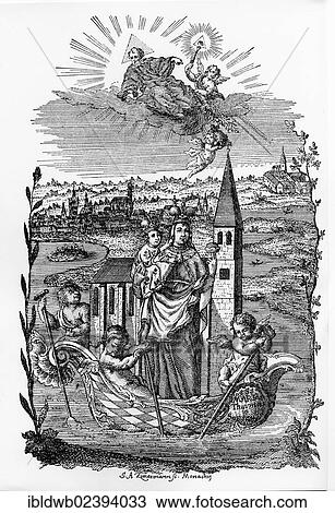 "Devotional image by J. A. Zimmermann, 1755, Sossau pilgrimage church, Mary with a ship on which the Church of the Premonstratensian Windberg monastery is floating across the Danube river, Straubing, Lower Bavaria, Bavaria, Germany, Europe" View Large Photo Image Stock Image - "Devotional image by J. A. Zimmermann, 1755, Sossau pilgrimage church, Mary with a ship on which the Church of the Premonstratensian Windberg monastery is floating across the Danube river, Straubing, Lower Bavaria, Bavaria, Germany, Europe". Fotosearch