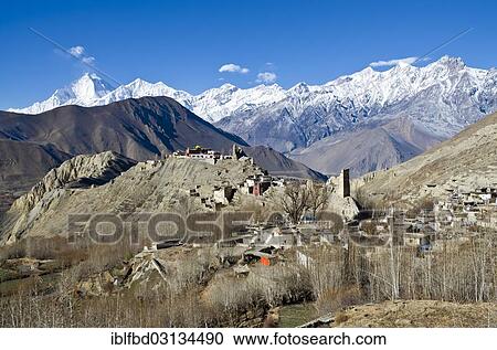 Stock Image - "Dhaulagiri Mountain, 8167 m, Jhong Village in the foreground, seen from Muktinath, Muktinath, Lower Mustang, Nepal, Asia". Fotosearch