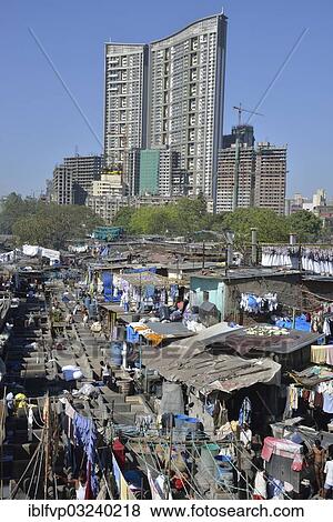 Stock Photo - "Dhobi Ghat, a central laundromat, open air wash pens, Mumbai, Maharashtra, India, Asia". Fotosearch