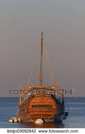 Stock Image - "Dhow in the harbor, Muttrah, Muscat Governorate (Capital Area, Oman, Asia". Fotosearch