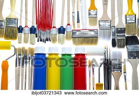 "Different sized brushes, paint rollers and bottles of paint" View Large Photo Image Stock Image - "Different sized brushes, paint rollers and bottles of paint". Fotosearch