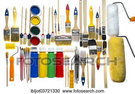 "Different sized brushes, paint rollers, cans of paint and bottles of paint" View Large Photo Image Stock Image - "Different sized brushes, paint rollers, cans of paint and bottles of paint". Fotosearch