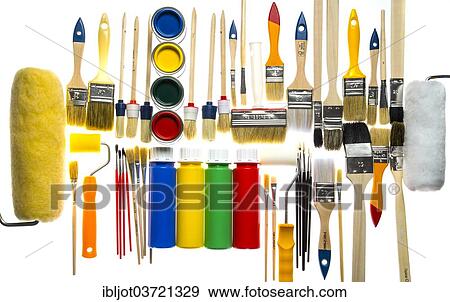 "Different sized brushes, paint rollers, cans of paint and bottles of paint" View Large Photo Image Stock Photo - "Different sized brushes, paint rollers, cans of paint and bottles of paint". Fotosearch