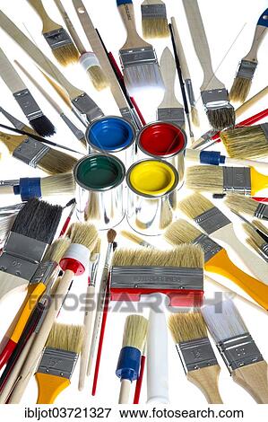Different types of brushes and cans of paint View Large Photo Image Stock Photo - Different types of brushes and cans of paint. Fotosearch