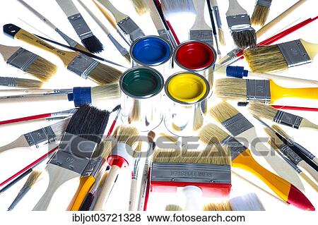 Different types of brushes and cans of paint View Large Photo Image Stock Photo - Different types of brushes and cans of paint. Fotosearch