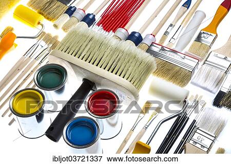 Stock Photo - "Different types of brushes, paint rollers and cans of paint". Fotosearch