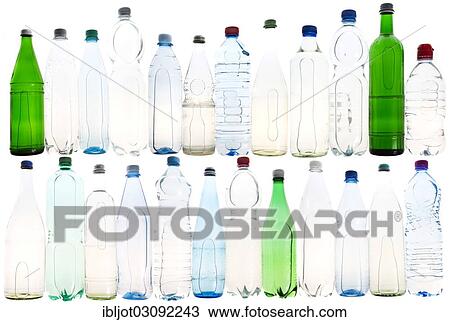 Stock Image - Different varieties of mineral water in bottles made of glass and plastic or PET. Fotosearch