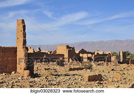 Stock Image - "Dilapidated mud houses, Tamnougalt Kasbah, Draatal, Tamnougalt, Souss-Massa-Draa region, Morocco, Africa". Fotosearch