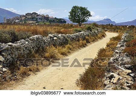 "Dirt road with dry stone walls, village of Pietralta Corbara at the back, Balagne, Corsica, France, Europe" View Large Photo Image Stock Photo - "Dirt road with dry stone walls, village of Pietralta Corbara at the back, Balagne, Corsica, France, Europe". Fotosearch