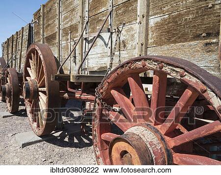 Stock Image - "Displayed wagons, Harmony Borax Works, Death Valley, Death Valley National Park, California, USA". Fotosearch