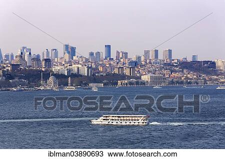 Stock Image - "Districts Besiktas and Sisli with Dolmabahce Palace, Dolmabahce Sarayi, Bosphorus, Istanbul, European Side, Turkey, Asia". Fotosearch