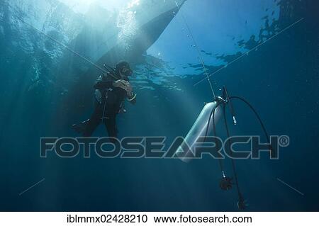 Stock Image - "Diver with spare air tank during a decompression stop under a boat, Philippines, Asia". Fotosearch