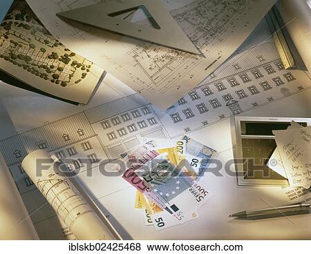 Documents and plans for the construction of a house lying on a table alongside euro banknotes View Large Photo Image Stock Photo - Documents and plans for the construction of a house lying on a table alongside euro banknotes. Fotosearch