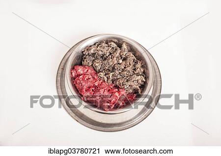 Stock Image - "Dog bowl with two kinds of raw meat, raw feeding, BARF food, diet". Fotosearch