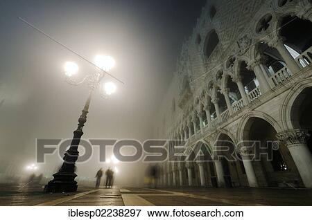 "Doge's Palace, Palazzo Ducale, in fog, lantern, at night, Piazzetta San Marco, St. Mark's Square, Venice, Venezia, Veneto, Italy, Europe" View Large Photo Image Stock Photo - "Doge's Palace, Palazzo Ducale, in fog, lantern, at night, Piazzetta San Marco, St. Mark's Square, Venice, Venezia, Veneto, Italy, Europe". Fotosearch