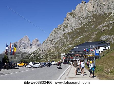 Stock Photograph - "Dolomites, left Langkofel Group, Sella Group, summit of Pordoi Pass, Trentino province, Belluno province, Italy, Europe". Fotosearch