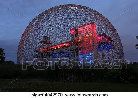 Stock Image - "Dome structure, illuminated Environment Museum, Park Jean Drapeau, Montreal, Quebec Province, Canada, North America". Fotosearch