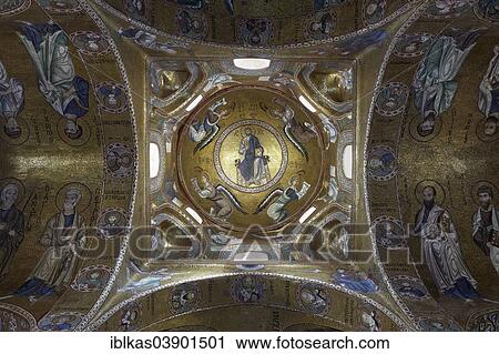 Stock Image - "Dome with Byzantine mosaics, Christ Pantocrator, archangels and prophets, La Martorana Church from the Norman period, Palermo, Sicily, Italy, Europe". Fotosearch