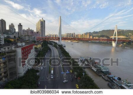 Picture - "Dongshuimen bridge, opened in April 2014, over the Yangtze River, Chongqing, China, Asia". Fotosearch