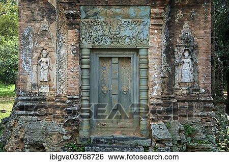 Stock Photograph - "Door on a tower in the Bakong Temple, Roluos Group, Phumi Roluos Chas, Siem Reap, Siem Reap Province, Cambodia, Asia". Fotosearch