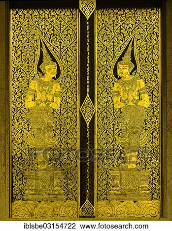 Stock Image - "Doors with golden figures, handmade, Wat Traimit Temple, Bangkok, Central Thailand, Thailand, Asia". Fotosearch