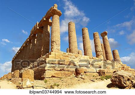Picture - "Doric columns, ruins of the Greek temple of Juno Lucina, Agrigento, Sicily, Italy, Europe". Fotosearch