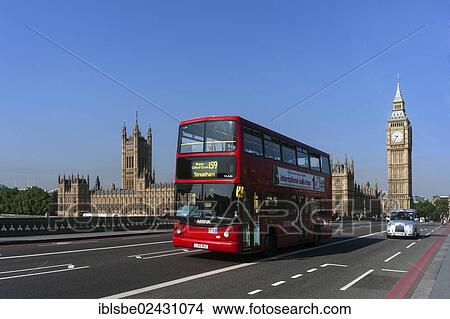 Picture - "Double Decker Bus, Big Ben, Westminster Palace, Houses of Parliament, Westminster Bridge, London, England, United Kingdom, Europe". Fotosearch
