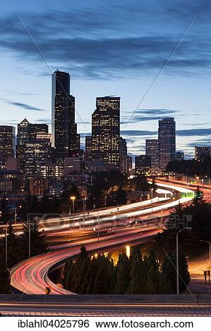 Stock Photograph - "Downtown Seattle at night, Seattle, Washington, United States, North America". Fotosearch
