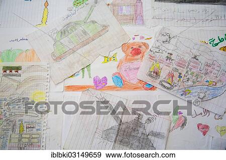 Stock Photo - "Drawings of children, camp for Syrian refugees of the civil war, Bab al-Salameh, Azaz, Aleppo, Syria, Asia". Fotosearch