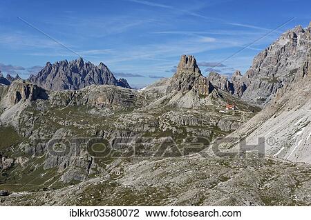 "Dreizinnenhuette or Three Peaks Alpine hut with Toblinger Knoten Mountain, Sextner Dolomiten, South Tyrol province, Trentino-Alto Adige, Italy, Europe" View Large Photo Image Stock Image - "Dreizinnenhuette or Three Peaks Alpine hut with Toblinger Knoten Mountain, Sextner Dolomiten, South Tyrol province, Trentino-Alto Adige, Italy, Europe". Fotosearch