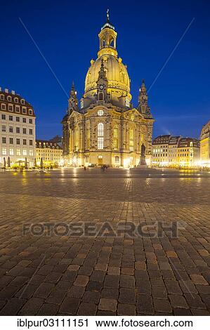 Stock Image - "Dresden Frauenkirche and Neumarkt at dusk, Dresden, Saxony, Germany, Europe". Fotosearch