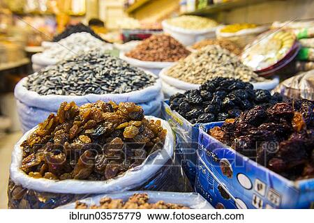 Stock Photo - "Dried fruit for sale in the Bazaar of Sulaymaniyah, Sulaymaniyah, Iraqi Kurdistan, Iraq, Asia". Fotosearch