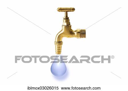 Stock Photography - "Dripping faucet with a large drop, symbolic image for water wastage, Germany, Europe". Fotosearch