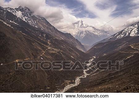 Stock Image - "Dudh Kosi river in front of mountain panorama im tje Gokyo Valley, Khumbu, Solukhumbu District, Mount Everest Region, Nepal, Asia". Fotosearch