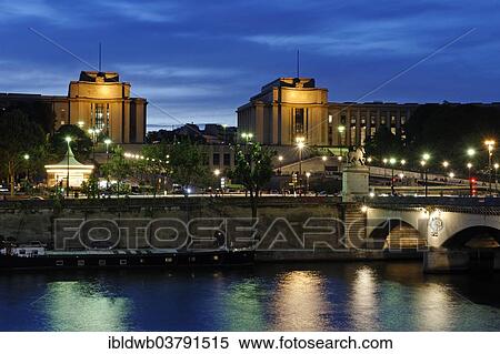 Stock Photography - "Dusk over the Seine at the Pont d'Iena with Palais de Chaillot, Paris, Ile-de-France, France, Europe". Fotosearch