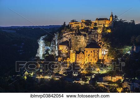 Picture - "Dusk, pilgrimage town of Rocamadour, department of Lot, Midi-Pyrenees, France, Europe". Fotosearch