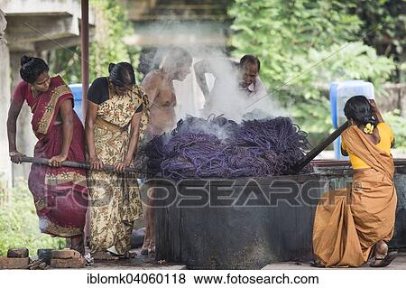Stock Photo - "Dyeing of ropes made of coconut fibres or coir, coconut fibre industry, factory, Alappuzha, Kerala, India, Asia". Fotosearch